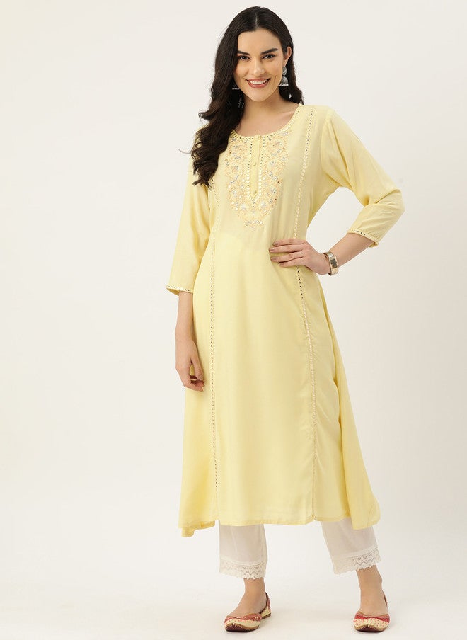 Rue Collection Yellow Ethnic Motifs Embellished Kurta for Women - Image 1