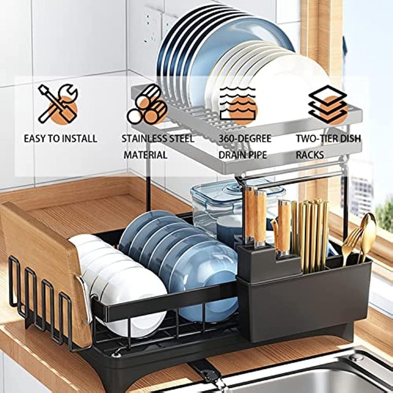 Sisliya Dish Drying Rack Compact Dish Rack, Multifunctional Kitchen Draining Rack with Removable Cutlery Holder, 2-Tier Dish Drainer for Kitchen Counter - Image 5