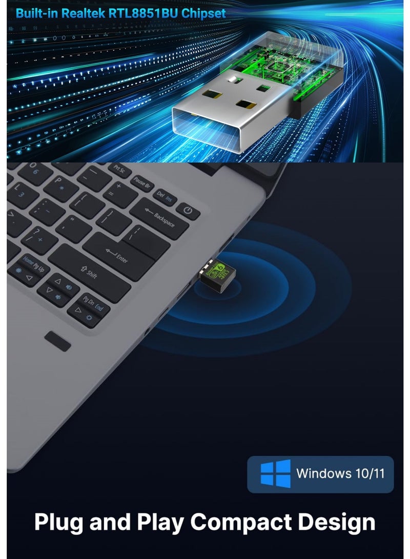 محول واي فاي لاسلكي USB، محول شبكة لاسلكية ثنائي النطاق 2.4/5 جيجاهرتز بسرعة 900 ميجابت في الثانية بتقنية بلوتوث 5.4 - Image 4