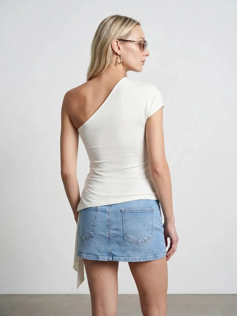 ديلفين Dilvin Slim Fit Off-Shoulder Jersey Blouse With Tie Detail