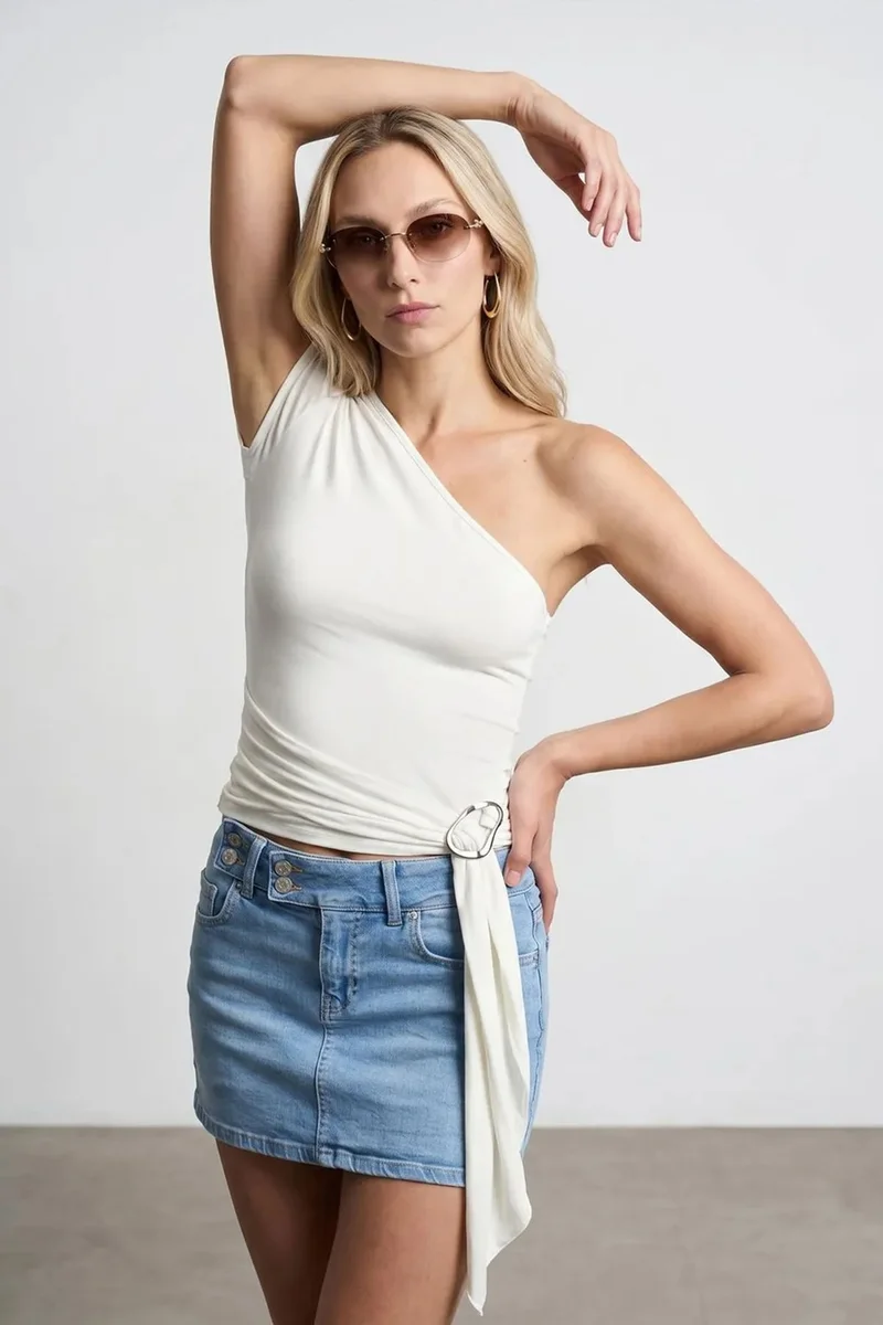 Dilvin Dusty White DILVIN Asymmetrical Tie Detail Blouse for Women | Best Price UAE