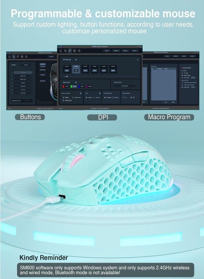 SOLAKAKA ماوس ألعاب لاسلكي SOLAKAKA SM600 بتصميم خلية النحل، بدقة 8000 نقطة في البوصة، بثلاثة أوضاع، يدعم تقنية بلوتوث 5.1/2.4 جيجا هرتز لاسلكيًا/منفذ USB-C سلكيًا، مزود بزرين جانبيين، قابل للبرمجة، وإضاءة RGB، متوافق مع أجهزة الكمبيوتر الشخصية/أجهزة ماك/أجهزة الكمبيوتر المحمولة، لون أخضر. - Image 4