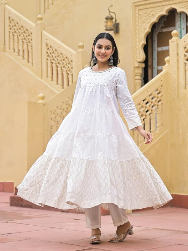 SHIFORY White Gown Round Neck 3/4 Sleeve Kurti Dupatta Set, Printed Cotton Anarkali for Ceremonies, Elegant with Hand Work, Comfortable and Machine Washable - Image 4