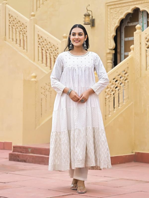 SHIFORY White Gown Round Neck 3/4 Sleeve Kurti Dupatta Set, Printed Cotton Anarkali for Ceremonies, Elegant with Hand Work, Comfortable and Machine Washable - Image 5
