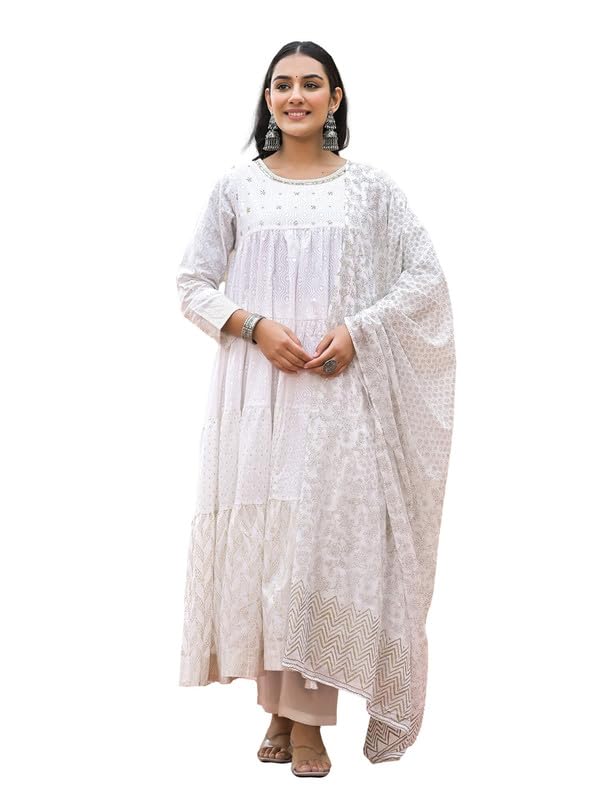 SHIFORY White Gown Round Neck 3/4 Sleeve Kurti Dupatta Set, Printed Cotton Anarkali for Ceremonies, Elegant with Hand Work, Comfortable and Machine Washable - Image 2