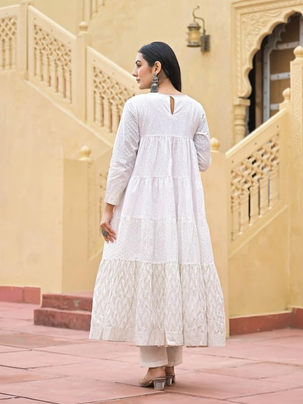 SHIFORY White Gown Round Neck 3/4 Sleeve Kurti Dupatta Set, Printed Cotton Anarkali for Ceremonies, Elegant with Hand Work, Comfortable and Machine Washable - Image 3