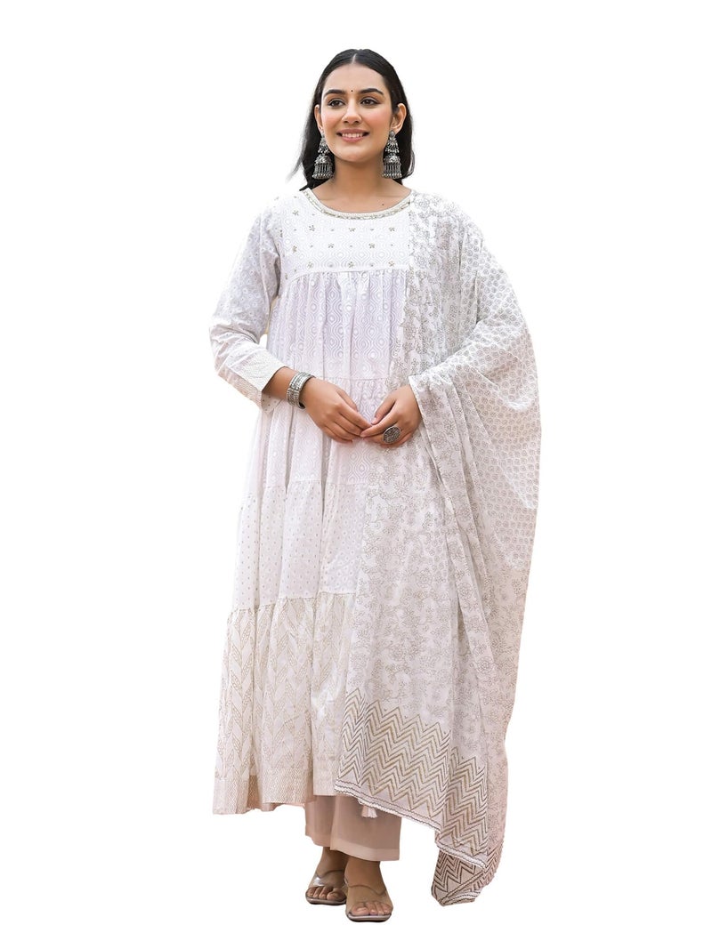 SHIFORY White Gown Round Neck 3/4 Sleeve Kurti Dupatta Set, Printed Cotton Anarkali for Ceremonies, Elegant with Hand Work, Comfortable and Machine Washable - Image 1