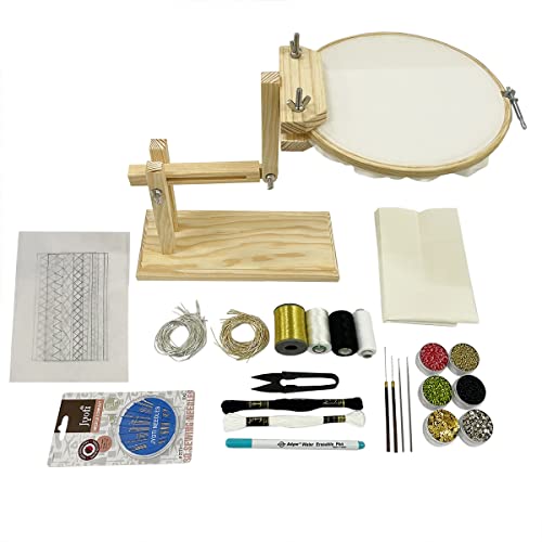 EmbroideryMaterial Aari Zardosi Embroidery Kit with Hoop Stand | Tambour Luneville DIY Practice Set for Beginners | Threads, Beads, Tools, Fabric, Tracing Designs Included (17 Types of Supplies) - Image 1