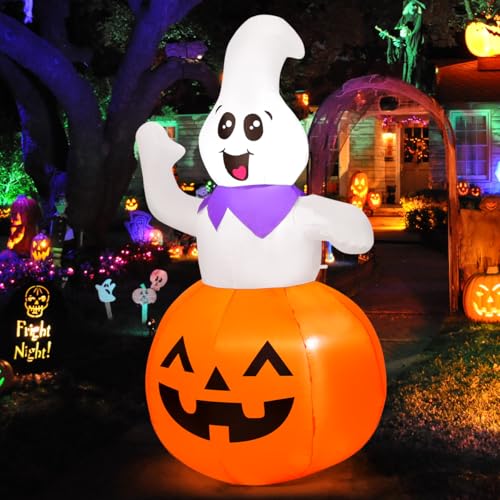 GOOSH 5 FT Halloween Inflatable Cute Pumpkin Ghost Outdoor Decorations Blow Up Yard Ghost in Pumpkin with Built-in LEDs for Indoor Party Garden Lawn Decor - Image 2
