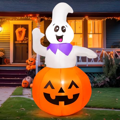 GOOSH 5 FT Halloween Inflatable Cute Pumpkin Ghost Outdoor Decorations Blow Up Yard Ghost in Pumpkin with Built-in LEDs for Indoor Party Garden Lawn Decor - Image 1