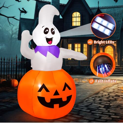 GOOSH 5 FT Halloween Inflatable Cute Pumpkin Ghost Outdoor Decorations Blow Up Yard Ghost in Pumpkin with Built-in LEDs for Indoor Party Garden Lawn Decor - Image 3