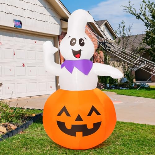 GOOSH 5 FT Halloween Inflatable Cute Pumpkin Ghost Outdoor Decorations Blow Up Yard Ghost in Pumpkin with Built-in LEDs for Indoor Party Garden Lawn Decor - Image 4