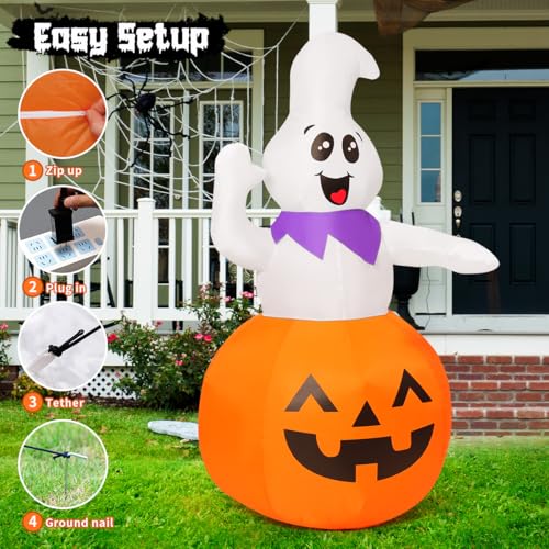 GOOSH 5 FT Halloween Inflatable Cute Pumpkin Ghost Outdoor Decorations Blow Up Yard Ghost in Pumpkin with Built-in LEDs for Indoor Party Garden Lawn Decor - Image 5