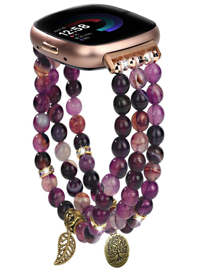 AWSMORE AWSMOR Beaded Bracelet Compatible with Fitbit Versa 4/Versa 3 Bands/Fitbit Sense 2/Sense Bands for Women, Handmade Crystal Beads Stretchy Watch Bands for Versa 4 Smartwatch (Purple) - Image 1