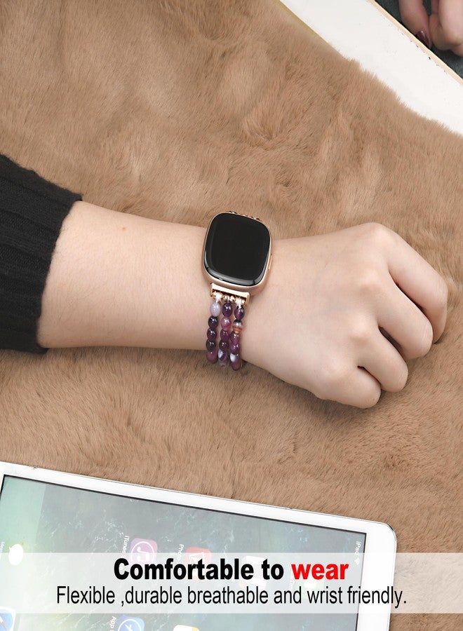 AWSMORE AWSMOR Beaded Bracelet Compatible with Fitbit Versa 4/Versa 3 Bands/Fitbit Sense 2/Sense Bands for Women, Handmade Crystal Beads Stretchy Watch Bands for Versa 4 Smartwatch (Purple) - Image 3