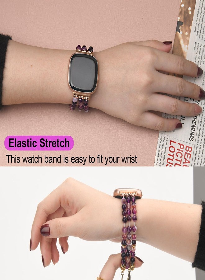 AWSMORE AWSMOR Beaded Bracelet Compatible with Fitbit Versa 4/Versa 3 Bands/Fitbit Sense 2/Sense Bands for Women, Handmade Crystal Beads Stretchy Watch Bands for Versa 4 Smartwatch (Purple) - Image 2