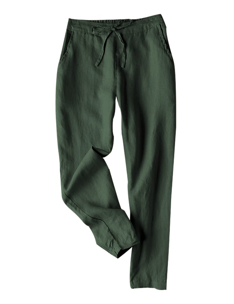 Tanming Linen Pants for Women Summer Casual High Waisted Drawstring White Beach Pant (ArmyGreen, S) - Image 1