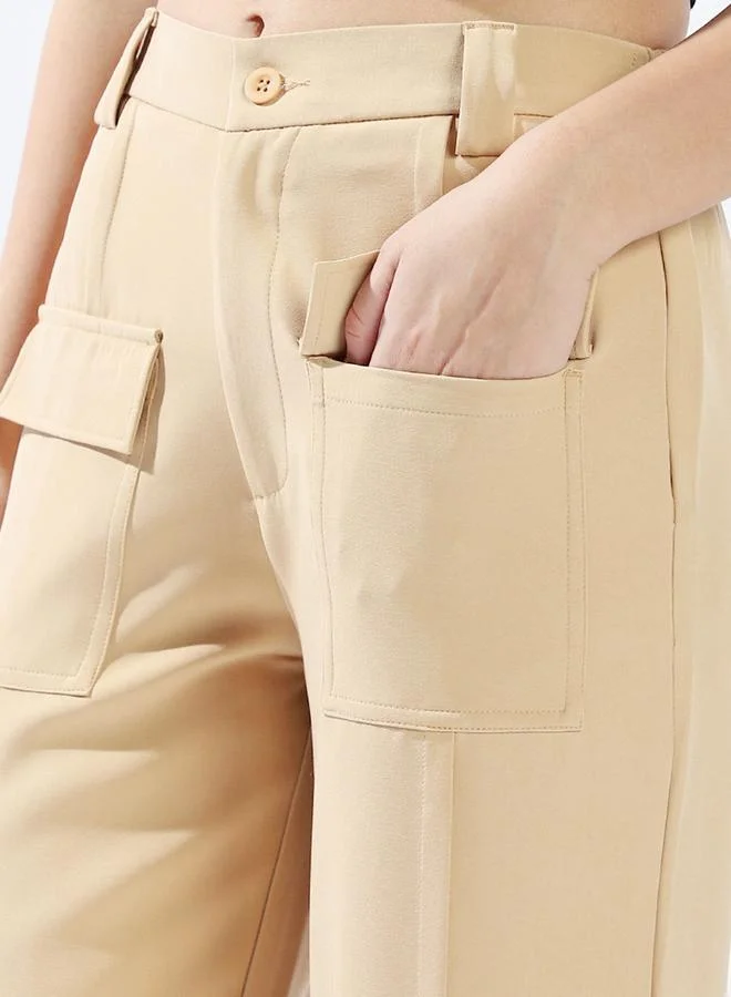 HIGH STAR Women's Beige 100% Polyester Solid Pattern Full Length Chinos Wide Leg Trouser