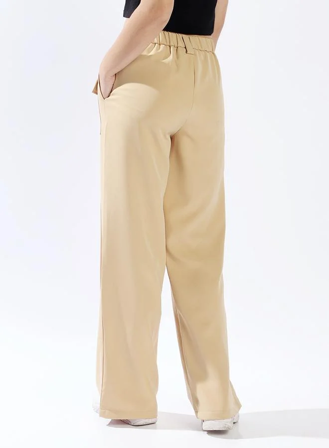 HIGH STAR Women's Beige 100% Polyester Solid Pattern Full Length Chinos Wide Leg Trouser