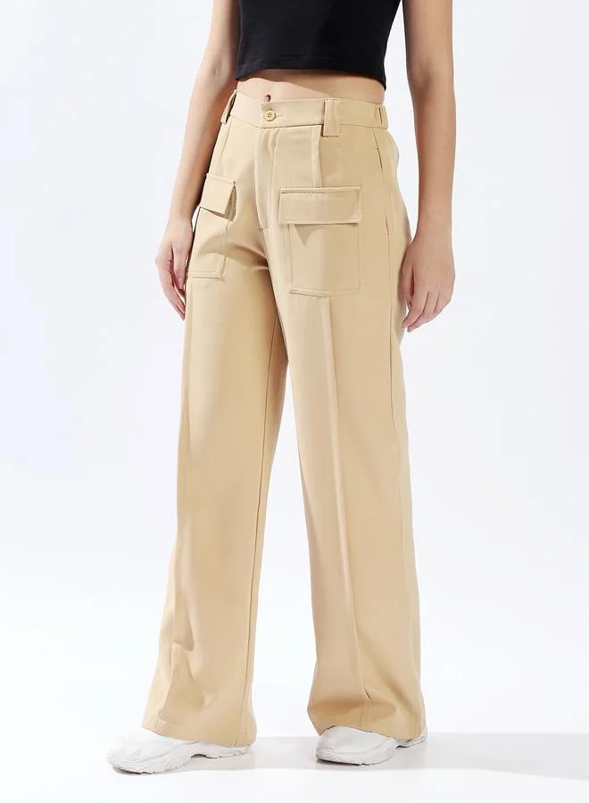 HIGH STAR Women's Beige 100% Polyester Solid Pattern Full Length Chinos Wide Leg Trouser