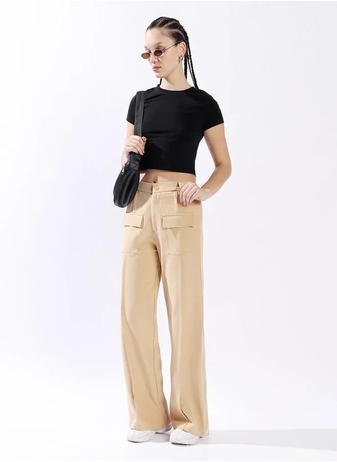 هاي ستار Women's Beige 100% Polyester Solid Pattern Full Length Chinos Wide Leg Trouser