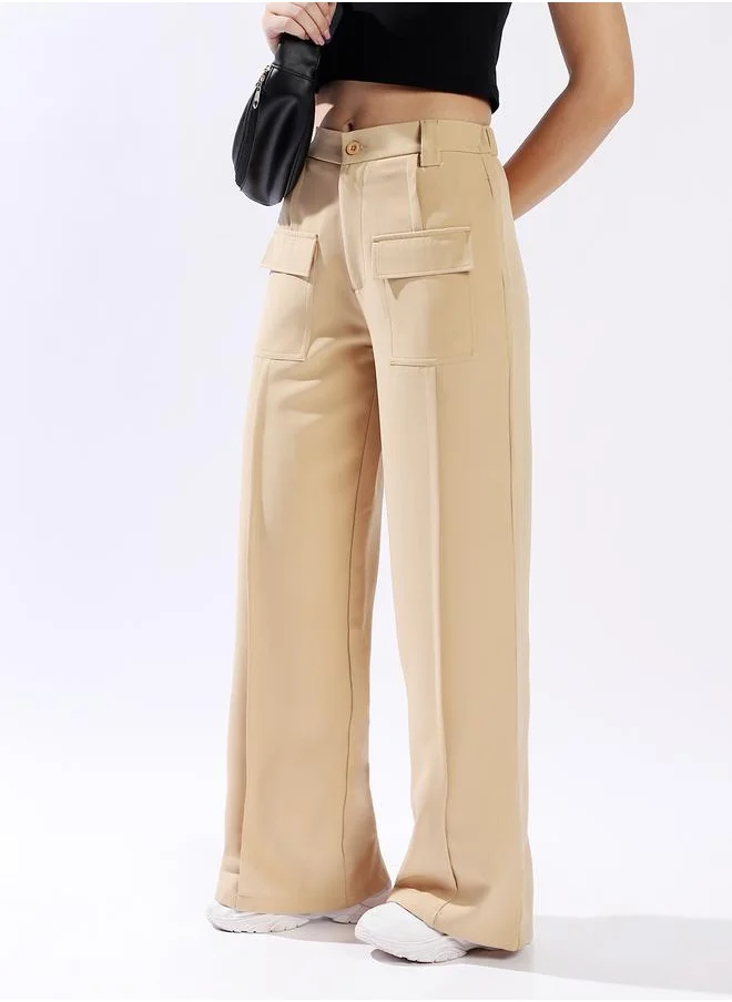 هاي ستار Women's Beige 100% Polyester Solid Pattern Full Length Chinos Wide Leg Trouser