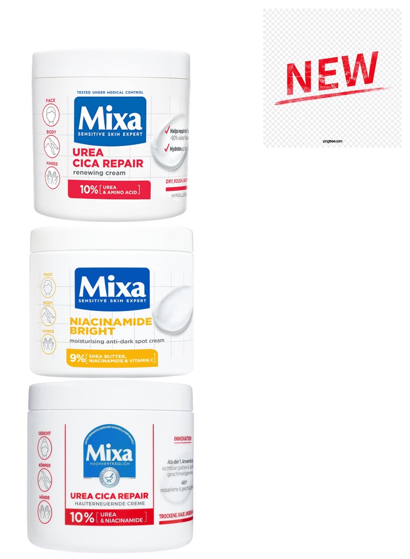 Mixa Urea Skin Renewal Cream with Urea and Niacinamide for dry, rough, and uneven skin. Repairs and softens. Moisturizes body, hands, and face. Urea Cica Repair+, 400ml. + Mixa Urea Cica Repair+ Moisturizing Body Cream for dry, rough, and uneven skin with 10% Urea and Niacinamide. Hypoallergenic fragrance, 400ml. + Mixa Cream, a moisturizing and anti-dark spot cream with Niacinamide for body care. Corrects dark spots and evens skin tone. Contains 9% Niacinamide, Shea Butter, and Vitamin C, 400ml.