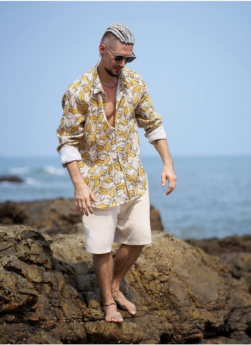 Campus Sutra Campus Sutra Men's Yellow Ochre Leaflet Imprint Shirt For Casual Wear | Spread Collar | Long Cuffed Sleeves | Button Closure | Shirt Crafted With Comfort Fit For Everyday Wear  - Image 5