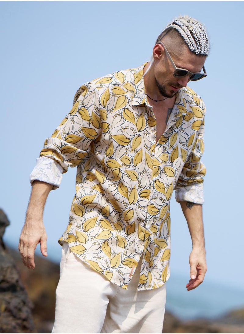 Campus Sutra Campus Sutra Men's Yellow Ochre Leaflet Imprint Shirt For Casual Wear | Spread Collar | Long Cuffed Sleeves | Button Closure | Shirt Crafted With Comfort Fit For Everyday Wear  - Image 1