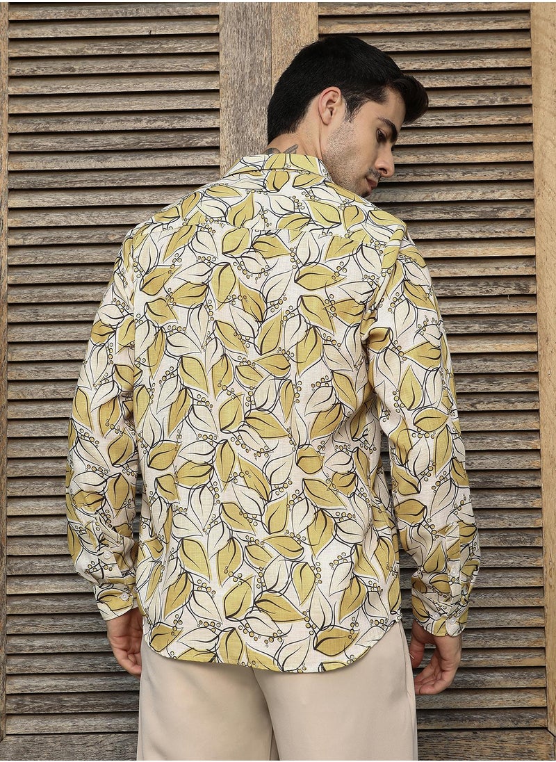 Campus Sutra Campus Sutra Men's Yellow Ochre Leaflet Imprint Shirt For Casual Wear | Spread Collar | Long Cuffed Sleeves | Button Closure | Shirt Crafted With Comfort Fit For Everyday Wear  - Image 3