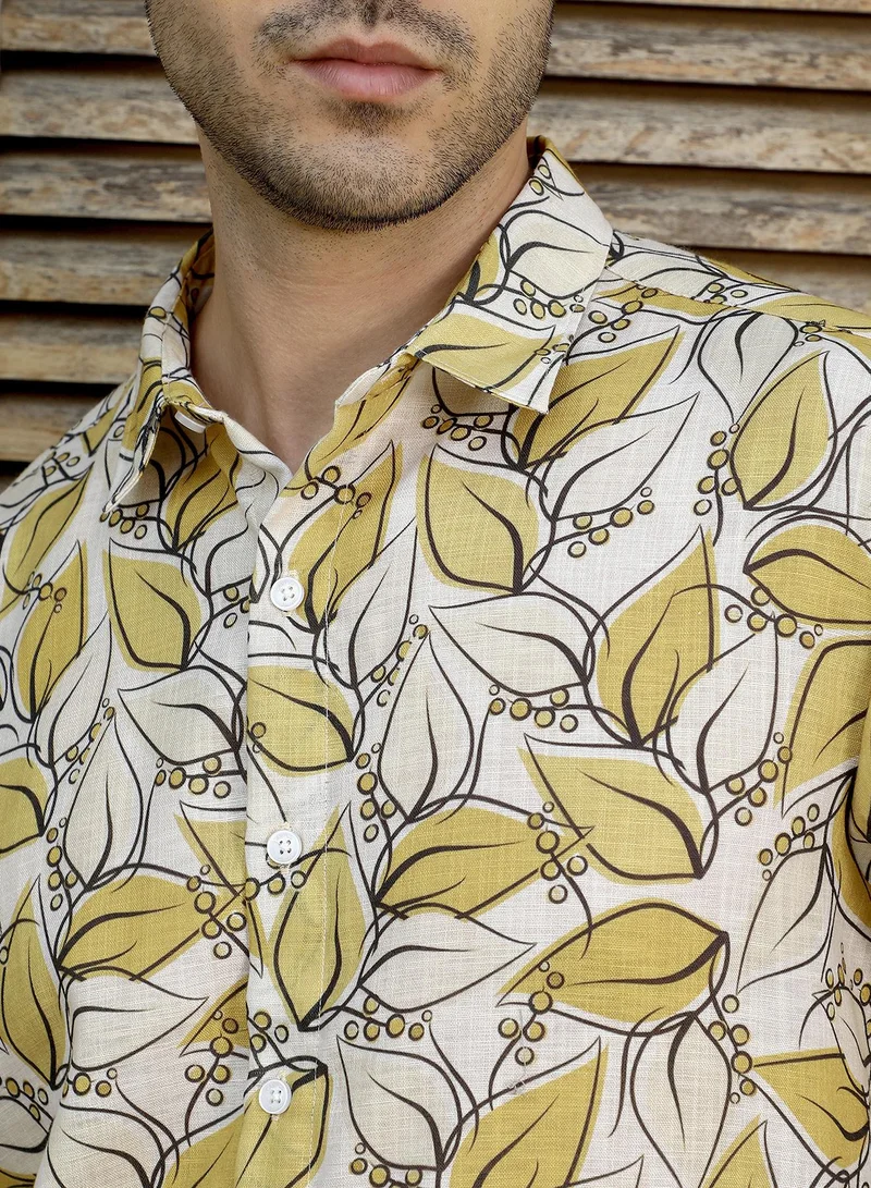 Campus Sutra Campus Sutra Men's Yellow Ochre Leaflet Imprint Shirt For Casual Wear | Spread Collar | Long Cuffed Sleeves | Button Closure | Shirt Crafted With Comfort Fit For Everyday Wear