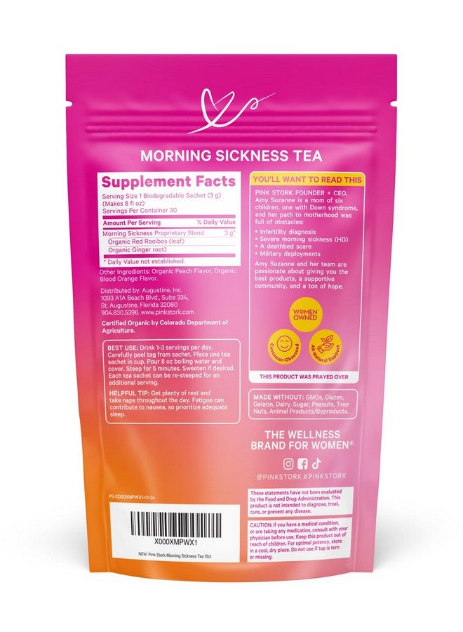 Pink Stork Organic Morning Sickness Pregnancy Tea - Hot or Iced Tea - Prenatal Heartburn, Indigestion, and Constipation Support - 1st Trimester Pregnancy Must Haves - Ginger Peach, 15 Sachets - Image 1