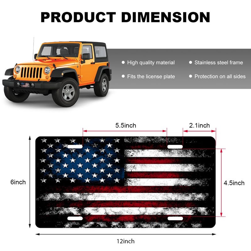 NYTKL Vintage American Flag License Plate, Personalized Novelty USA Flag Car Front License Plate Cover with 4 Screws, Stainless Aluminum Metal American License Tag for Decor (Black & Red) - Image 2