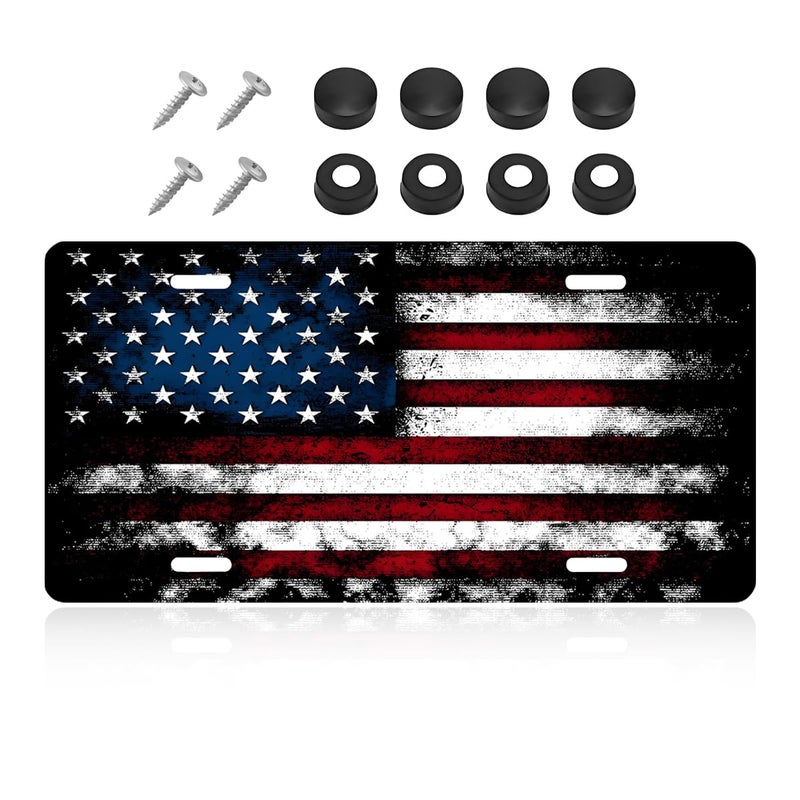 NYTKL Vintage American Flag License Plate, Personalized Novelty USA Flag Car Front License Plate Cover with 4 Screws, Stainless Aluminum Metal American License Tag for Decor (Black & Red) - Image 1