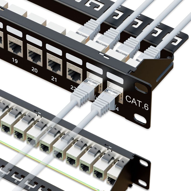 iwillink 10Gbps Patch Panel 24 Port RJ45 Through Coupler Cat6 Patch Panel STP Shielded Patch Panels 19Inch 1U with Back Bar Wallmount or Rackmount Compatible with Cat5 Cat5e Cat6 Cabling