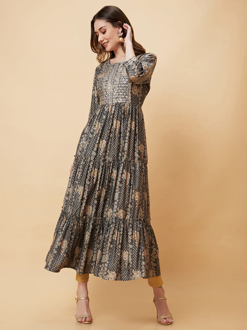 globus Women Ethnic Motifs Printed Sequinned Tiered Anarkali Kurta