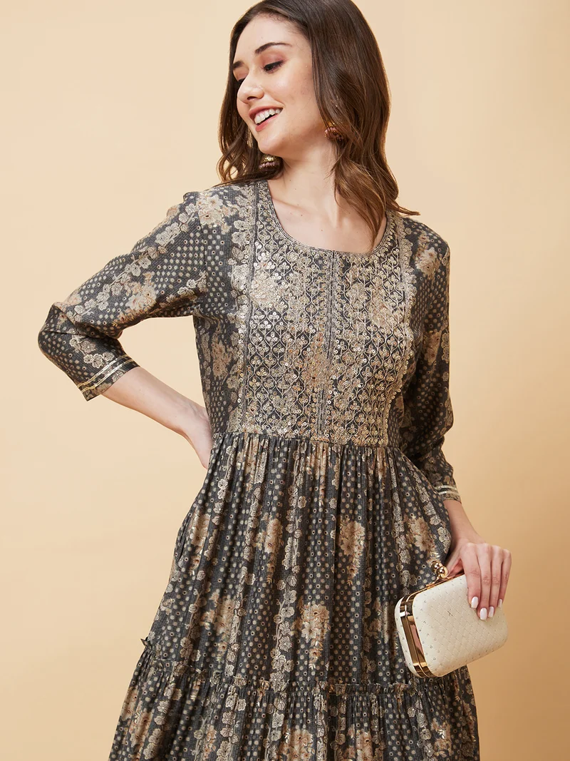 globus Women Ethnic Motifs Printed Sequinned Tiered Anarkali Kurta