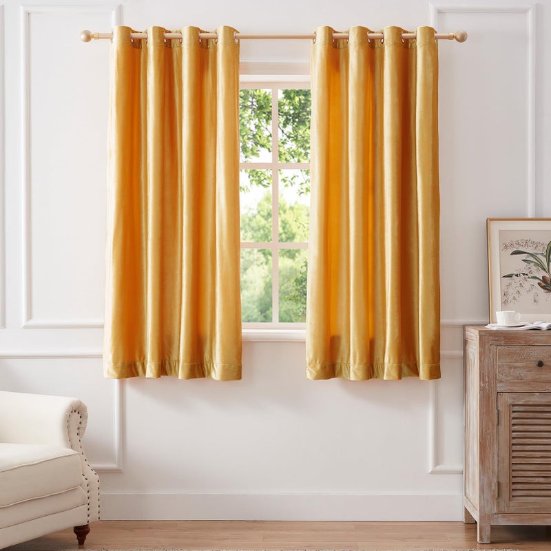 BULBUL Velvet Curtains 63 inch Length for Living Room Modern Mustard Yellow Window Drapes Darkening Grommet Curtains for Bedroom 2 Panels - Image 1