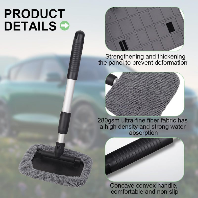 Sandfren Car Windshield Cleaning Tool, Vehicle Window Cleaner with 3 Reusable Pads & Extendable Handle, Automotive Glass Wiper Wash Kit for Interior Exterior, Universal for Vehicles (Rectangular) - Image 3