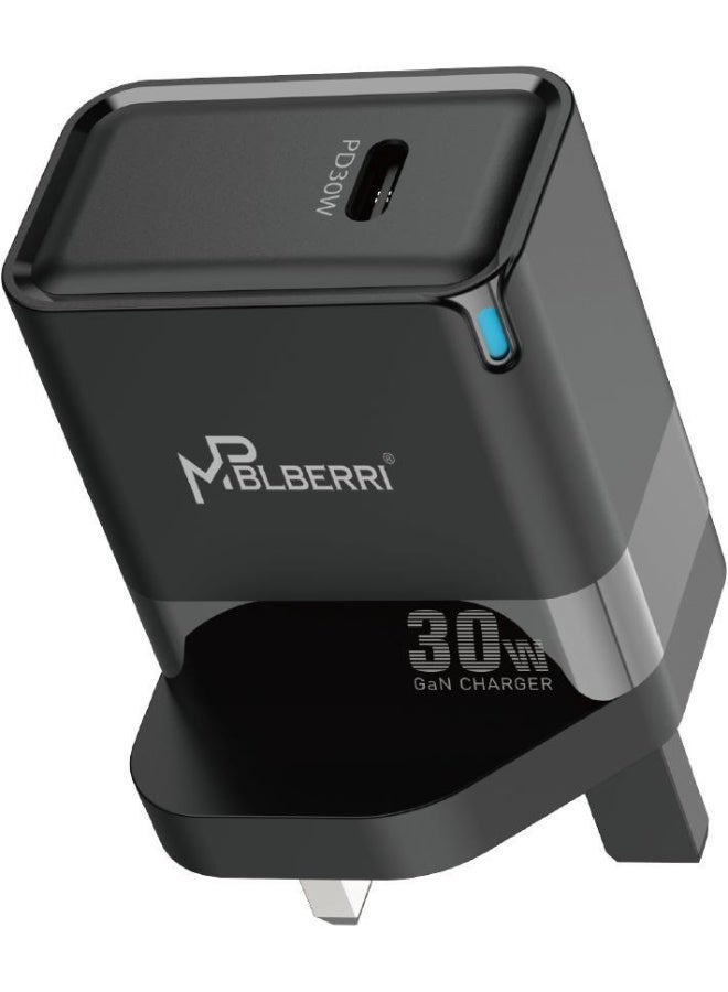 MPBLBERRI 30W GaN USB-C PD Fast Wall Charger Compact Power Adapter for iPhone, iPad, Android Smartphones & Tablets – High-Speed Charging