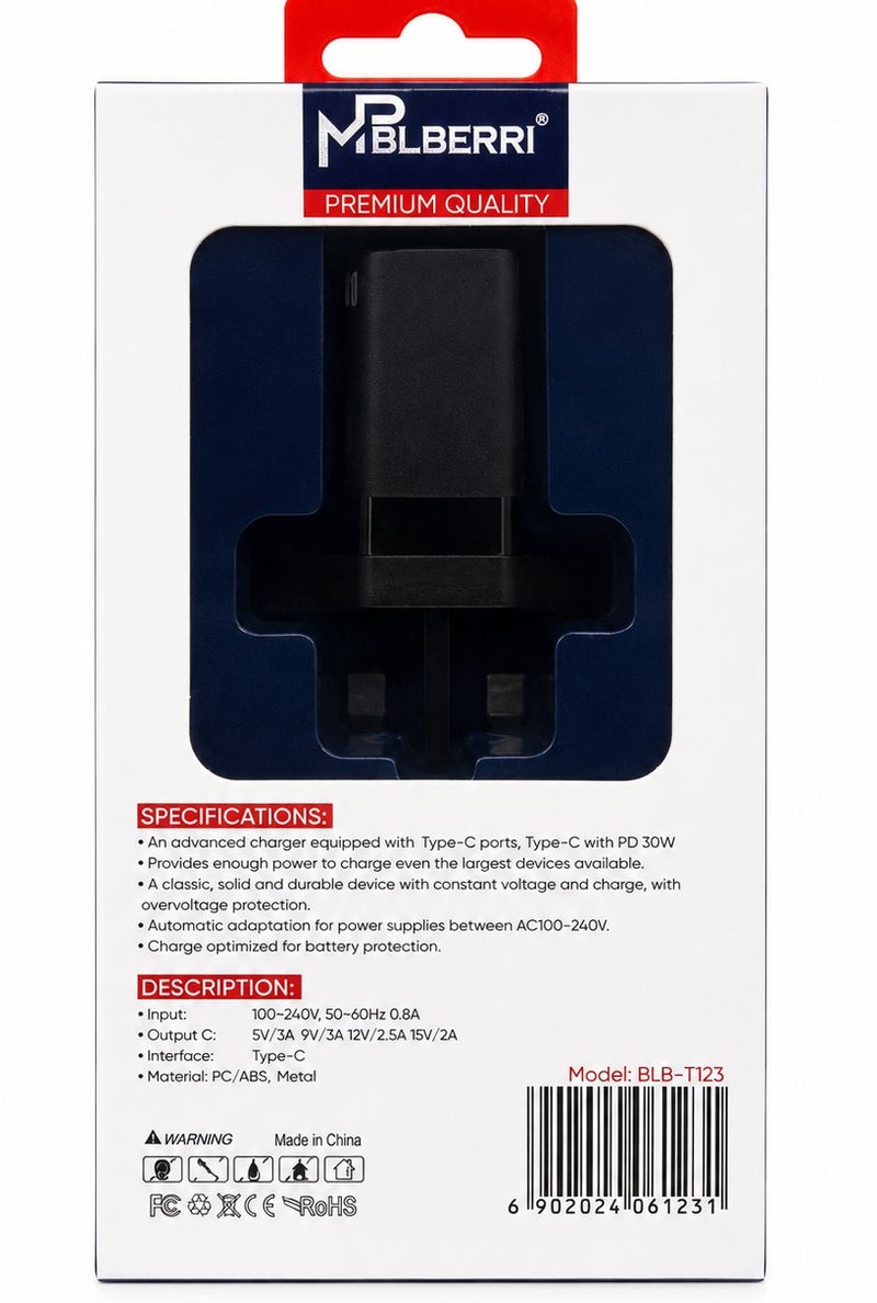 MPBLBERRI 30W GaN USB-C PD Fast Wall Charger Compact Power Adapter for iPhone, iPad, Android Smartphones & Tablets – High-Speed Charging - Image 3