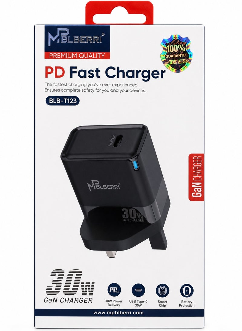 MPBLBERRI 30W GaN USB-C PD Fast Wall Charger Compact Power Adapter for iPhone, iPad, Android Smartphones & Tablets – High-Speed Charging - Image 2