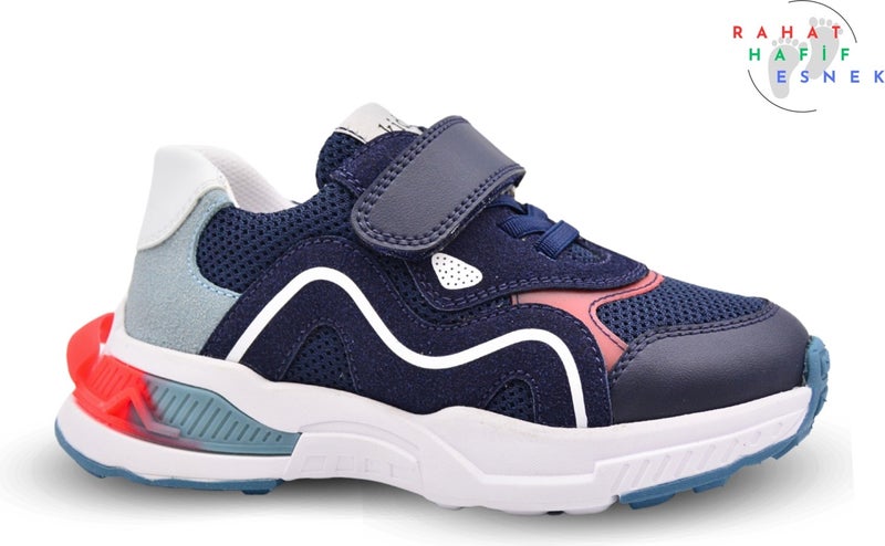 Kids A More Brice Velcro Elastic Mesh Detailed Leather Boys Sneakers Navy Blue  - Image 1
