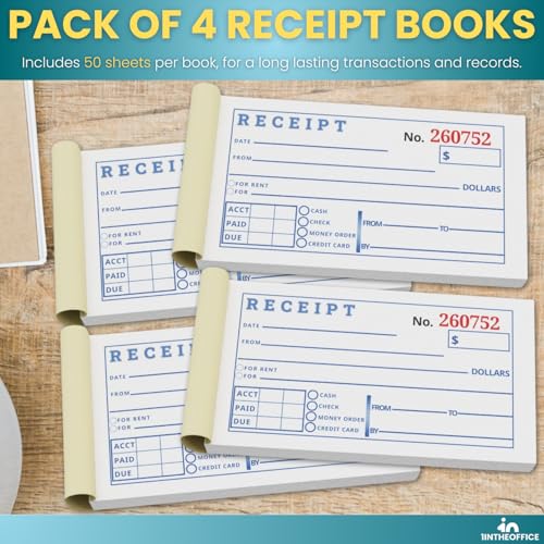 1InTheOffice Receipt Book with Carbon Copies, Rent Receipt Book, Cash Receipt Book, 2-3/4 x 5-3/8 Inches, 2-Parts, Carbonless, White/Canary, 50 Sets/Book, 4 Books - Image 4