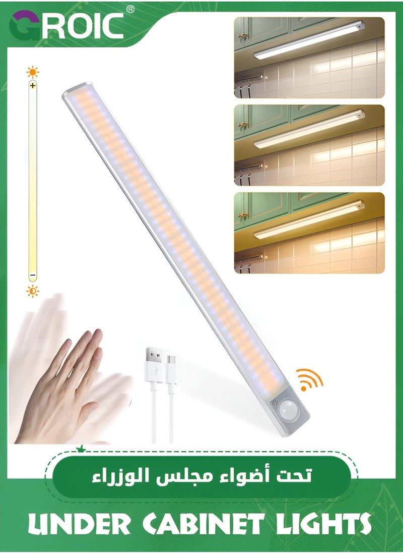 GROIC 3 Color Motion Sensor Light,80 LED Rechargeable Under Cabinet Lights, Wireless Closet 1800mAh Battery with Stepless Dimming,Magnetic Night Light  - Image 1