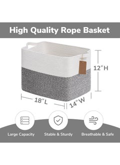 Goodpick Woven Storage Basket, Cotton Rope Basket With Handles, Toy Baskets Storage Kids, Blanket Basket For Living Room, Bedroom, Gray And White, 18 X 14 X 12 Inches  - Image 3