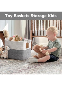 Goodpick Woven Storage Basket, Cotton Rope Basket With Handles, Toy Baskets Storage Kids, Blanket Basket For Living Room, Bedroom, Gray And White, 18 X 14 X 12 Inches  - Image 4