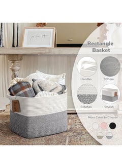 Goodpick Woven Storage Basket, Cotton Rope Basket With Handles, Toy Baskets Storage Kids, Blanket Basket For Living Room, Bedroom, Gray And White, 18 X 14 X 12 Inches  - Image 2