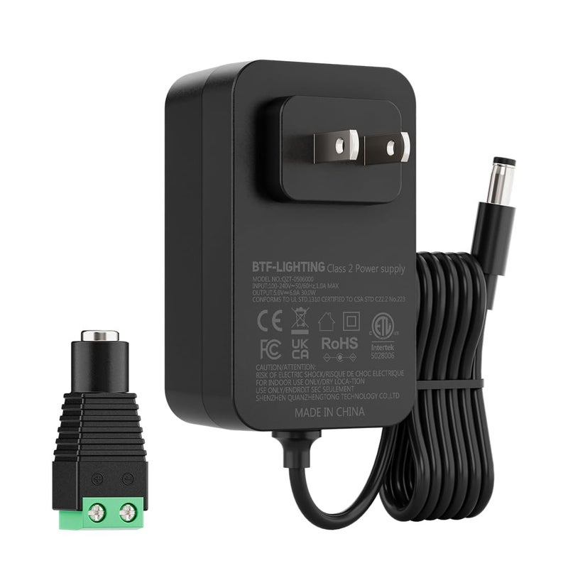 BTF-LIGHTING 5V 6A 30W Power Supply Adapter ETL Listed 100-240V AC to 5V DC Converter Class 2 Power Supply, 5.5x2.1mm Jack for for Low Voltage LED Strip Lights, CCTV, Router, Electronics - Image 1