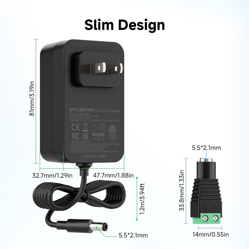 BTF-LIGHTING 5V 6A 30W Power Supply Adapter ETL Listed 100-240V AC to 5V DC Converter Class 2 Power Supply, 5.5x2.1mm Jack for for Low Voltage LED Strip Lights, CCTV, Router, Electronics - Image 2